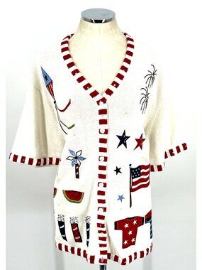 Quacker Factory Cardigan Sweater Sz 3X 4th of July Patriotic Knit Short Sleev